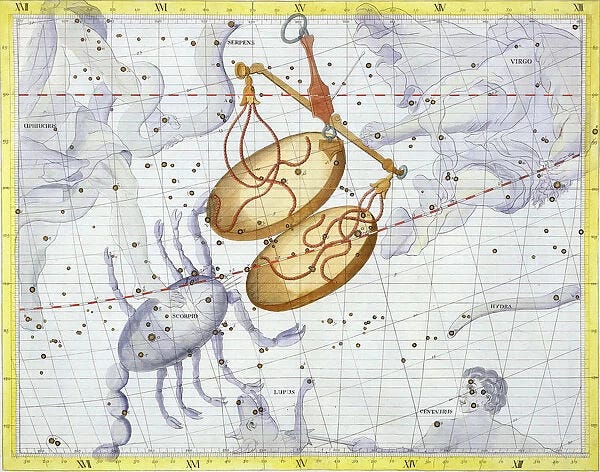 Constellation of Libra, 1729. Plate 7 from Atlas Coelestis