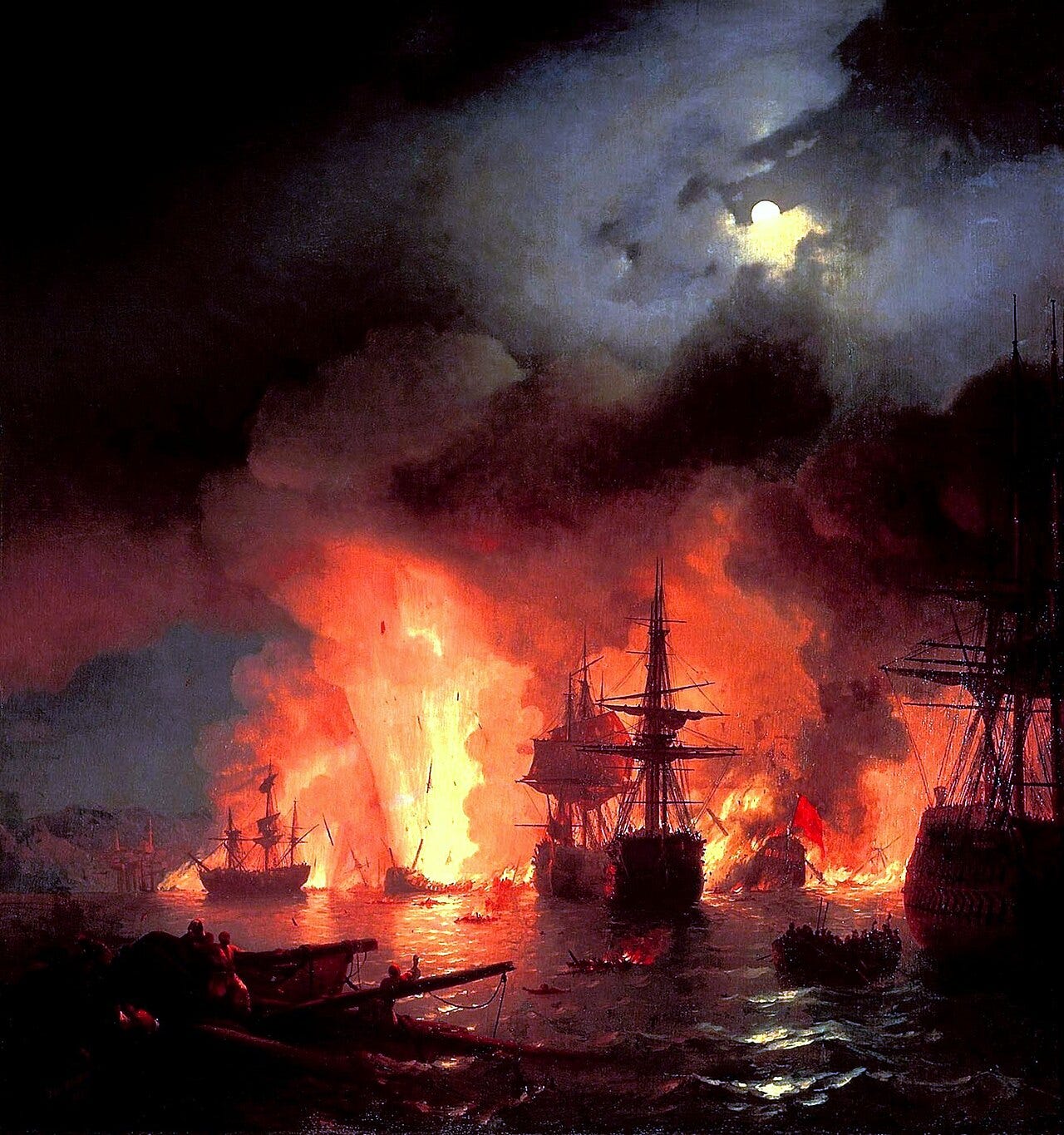 Ivan Aivazovsky's Battle of Chesme at Night, Ottoman ships exploding in the bay under a half hidden moon Ivan Aivazovsky's Battle of Chesme at Night, Ottoman ships exploding in the bay under a half hidden moon