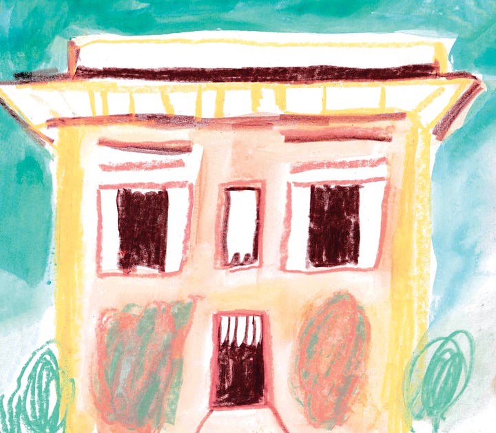 illustration of a house and photo of pink house