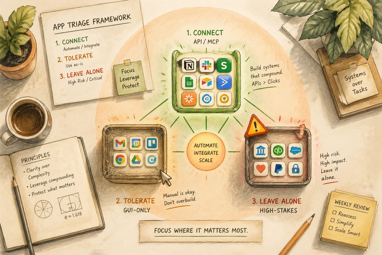 Software automation triage for solopreneurs: bird's-eye view of a desk with app icons sorted into three buckets — API/MCP-connected, GUI-only candidate for computer use, and high-stakes workflows to leave manual