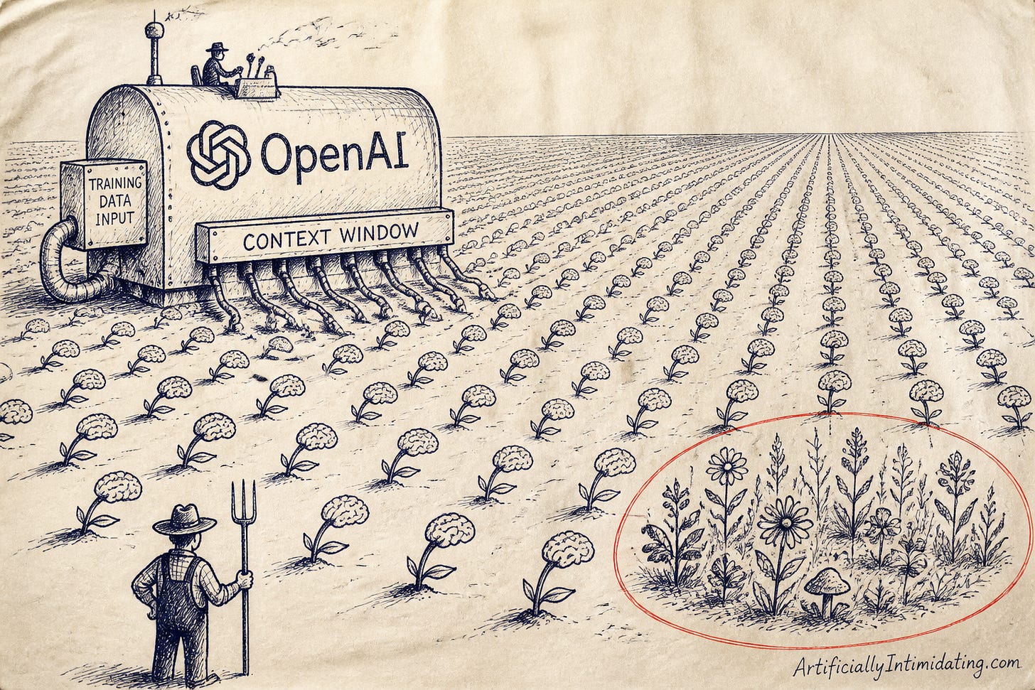 Cartoon: an endless field of identical brain-shaped crops to the horizon, with one small red-circled patch of diverse wild plants and a lone farmer.