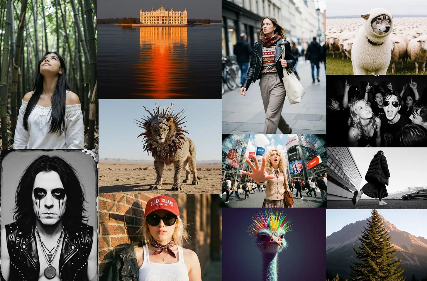 Collage different photos, woman, a lion, a husky in a sheep costume, a rocker...