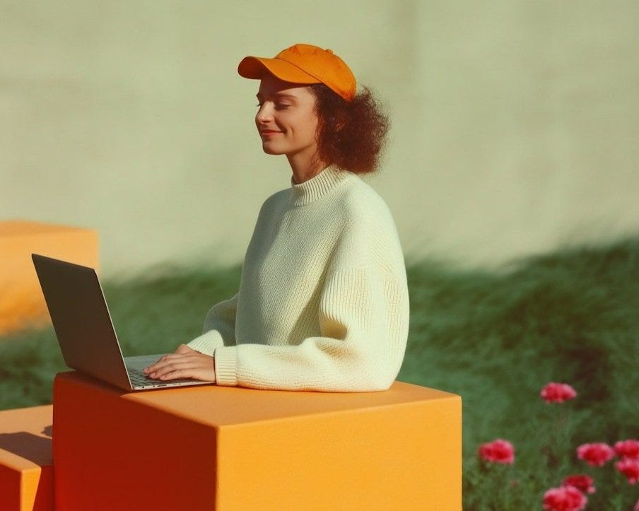 Woman in orange cap on Orange Cube with Laptop outdoors with pink flowers.