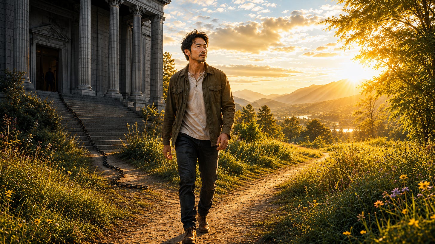 An Asian man walks away from a gray courthouse toward a sunlit mountain landscape, with a chain trailing from the courthouse steps behind him. An Asian man walks away from a gray courthouse toward a sunlit mountain landscape, with a chain trailing from the courthouse steps behind him.