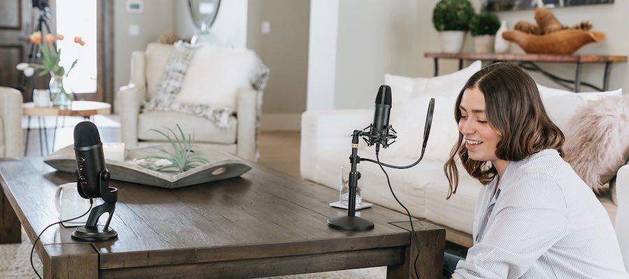 Lady recording podcast Lady recording podcast