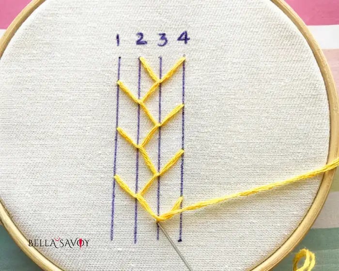 5 Easy Feather Stitch Variations 48 yellow feather stitch on hooped fabric