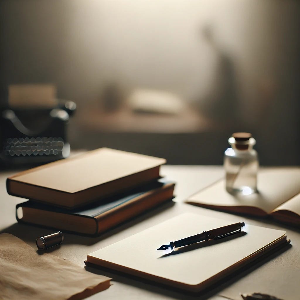 A softly lit writing desk with an open notebook and pen on a blank page. In the background, a closed book is half-covered by papers, slightly out of focus. The scene suggests beginning something new while quietly avoiding what’s already finished.