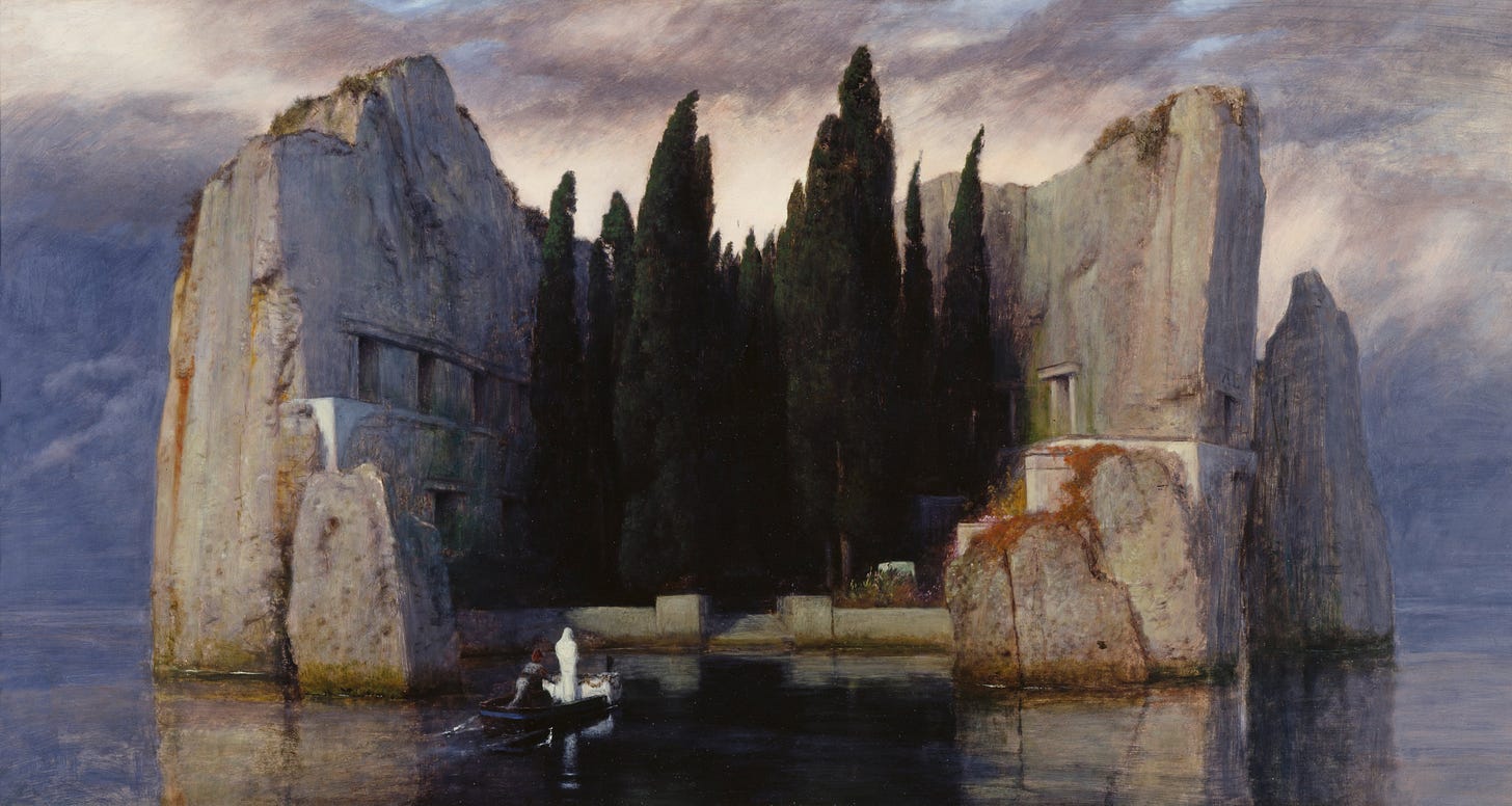 Arnold Bocklin's Isle of the Dead, showing a small boat approaching a rocky island crowded with cypress trees and tomb like cliffs Arnold Bocklin's Isle of the Dead, showing a small boat approaching a rocky island crowded with cypress trees and tomb like cliffs