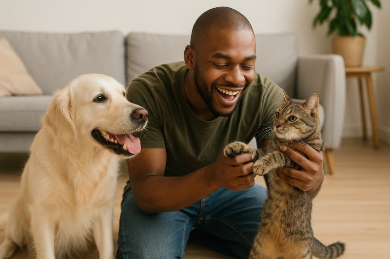 Black man holds cat while Golden Retriever looks on