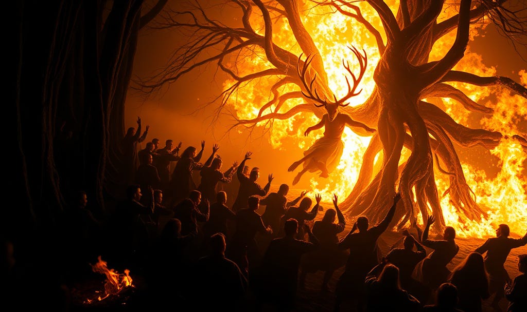 A dense crowd of people reaches toward a towering, glowing tree shaped like a stag with antlers, surrounded by flames in a dark forest, conveying a powerful mix of chaos, transformation, and spiritual longing. The mosh pit of the soul