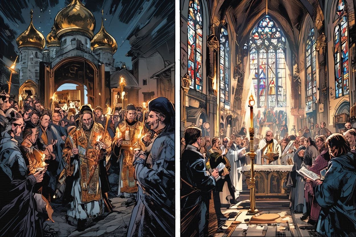 an eastern orthodox easter and a catholic easter, comic book art