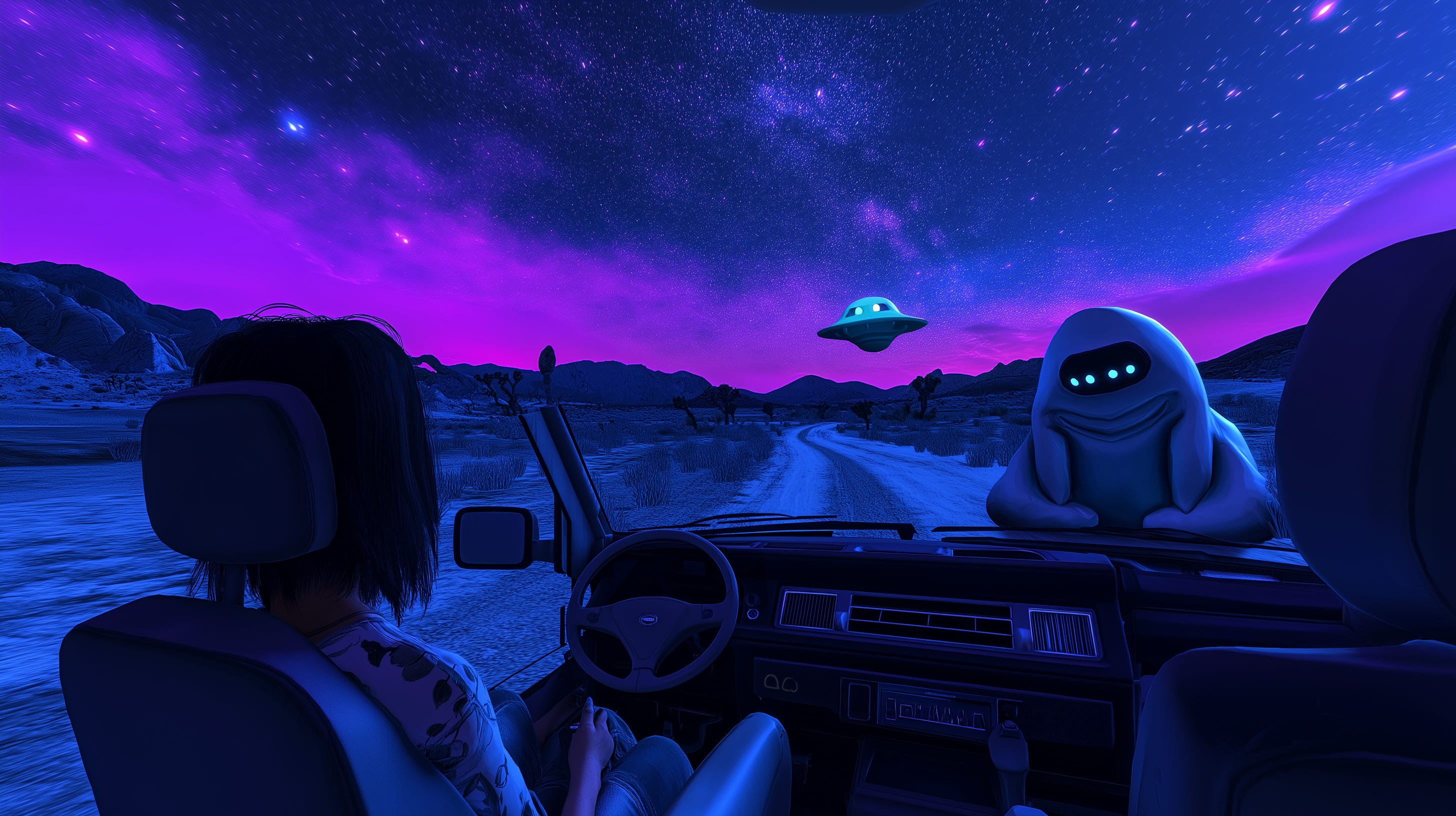 An AI generated image of a weird purple landscape, a UFO and a strange robot sitting on the dashboard of a van that has no top