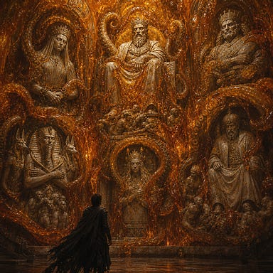 The Amber Vault: vast amber-coated walls rippling like living gold, sculpted tentacles curling tenderly around marble bas-reliefs of ancient rulers. Kings with hollow eyes and cruel thin mouths; queens veiled in stone with ring-shackled hands; pharaohs with crossed arms flanked by snarling jackal-headed priests; sultans on thrones of flame surrounded by slaves in eternal carved agony. The tentacles cradle the rulers lovingly, as if the Temple remembers its children. Fully original design.