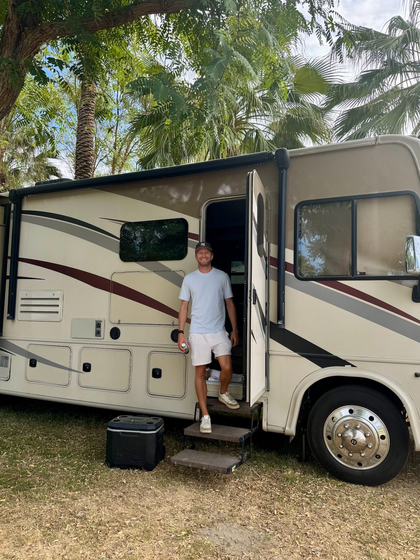Xaver in front of caravan