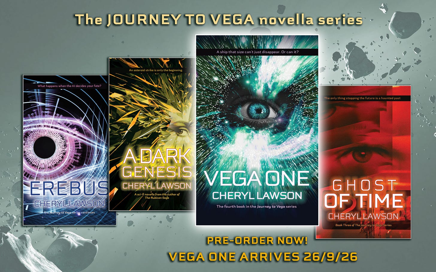 Graphic of four books floating above a background image of asteroids in space