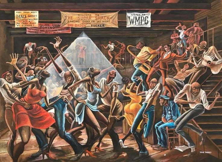 Ernie Barnes' famous painting depicting Black people dancing in a juke joint called The Sugar Shack