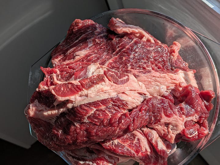 Beef Chuck after salting overnight. My entire Costco haul, enough meat to do this entire two night process twice. ~$70 total.
