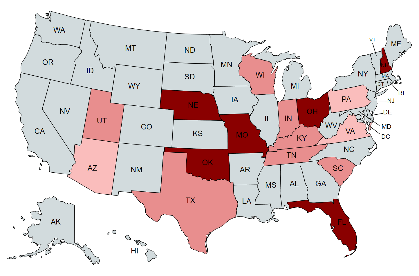 Map of the United States with NE, MO, OK, FL, OH, VT in dark red. WI, IN, KY, TN, SC, TX, and UT in dark pink. AZ, PA, VA in light pink