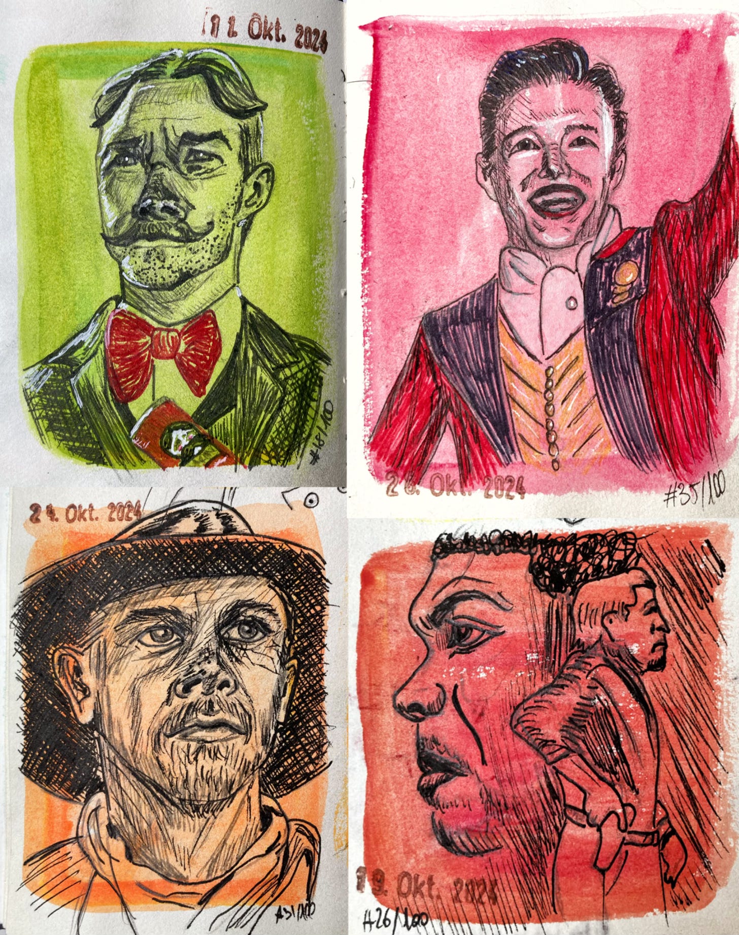 Sketch portraits of Chris Pratt, Aaron Pierre, Don Johnson, Charlie Hunnam and Hugh Jackman