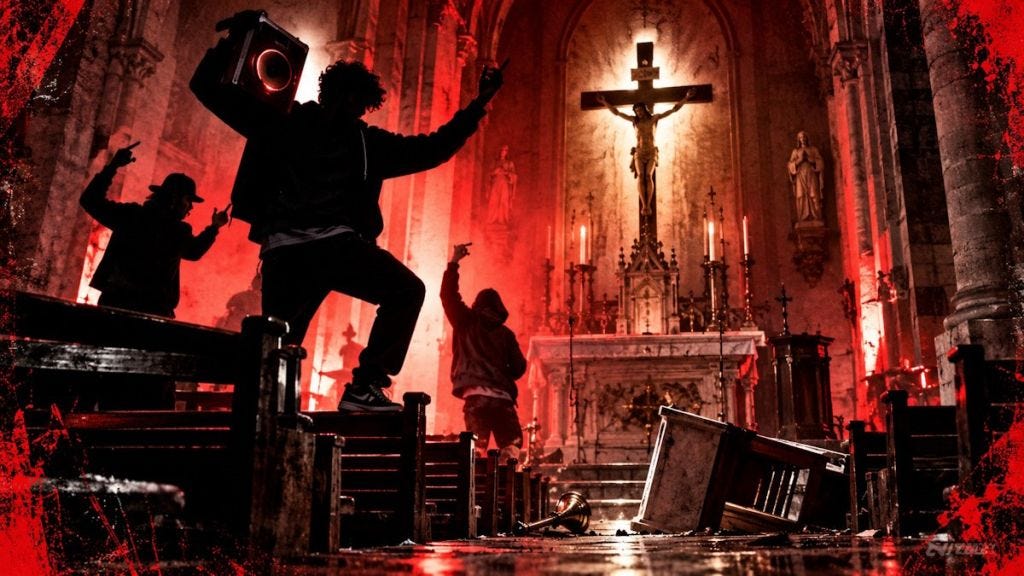 A dark church with red lighting, dancing people, and a person with a large loudspeaker. An altar and a cross are visible in the background.