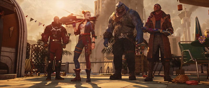 pistoleiro, arlequina, king shark e capitao bumerangue, personagens do jogo esquadrão suicida: mate a liga da justiça pistoleiro, arlequina, king shark e capitao bumerangue, personagens do jogo esquadrão suicida: mate a liga da justiça