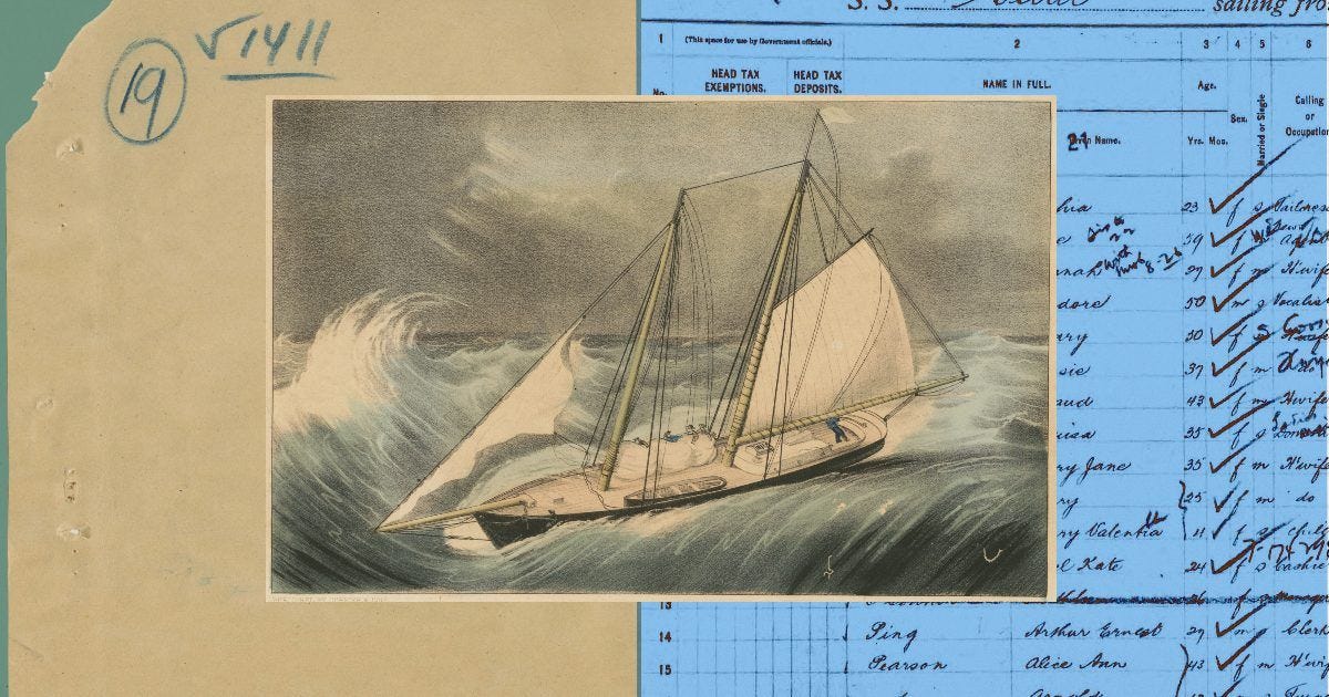 Collage of a schooner in stormy seas and a handwritten passenger list Collage of a schooner in stormy seas and a handwritten passenger list
