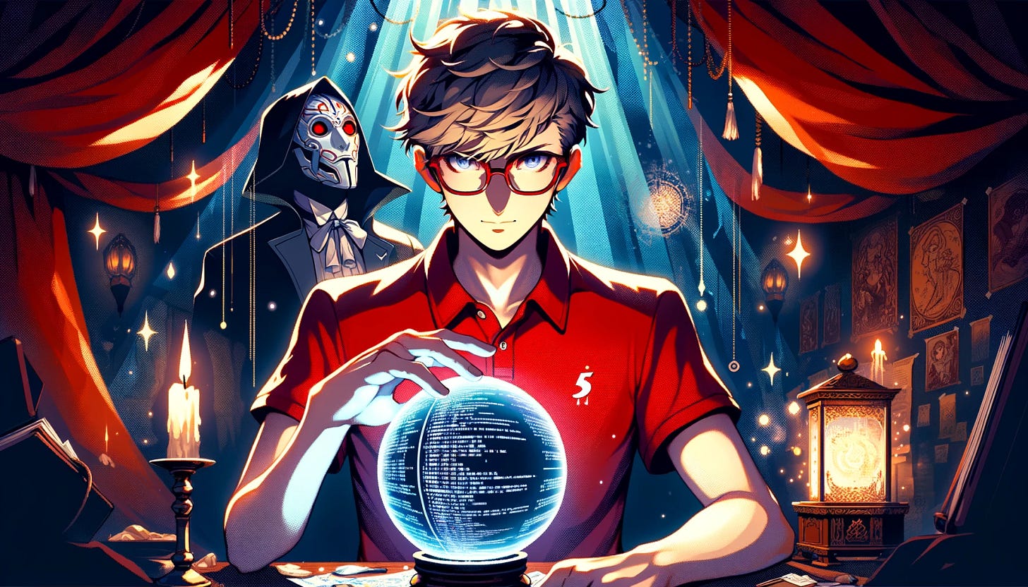 Create a dynamic and exaggerated 3:2 anime pixel art in 'Persona 5' style, featuring a male programmer engineer with styled short blonde hair and red-framed glasses. He is wearing a plain red polo t-shirt without any logo. He is holding a crystal ball with visible source code inside it, surrounded by a mystical atmosphere with dark shadows and glowing elements. In the background, he is peeking from behind a curtain in a fortune teller's room, adding to the mystical setting.
