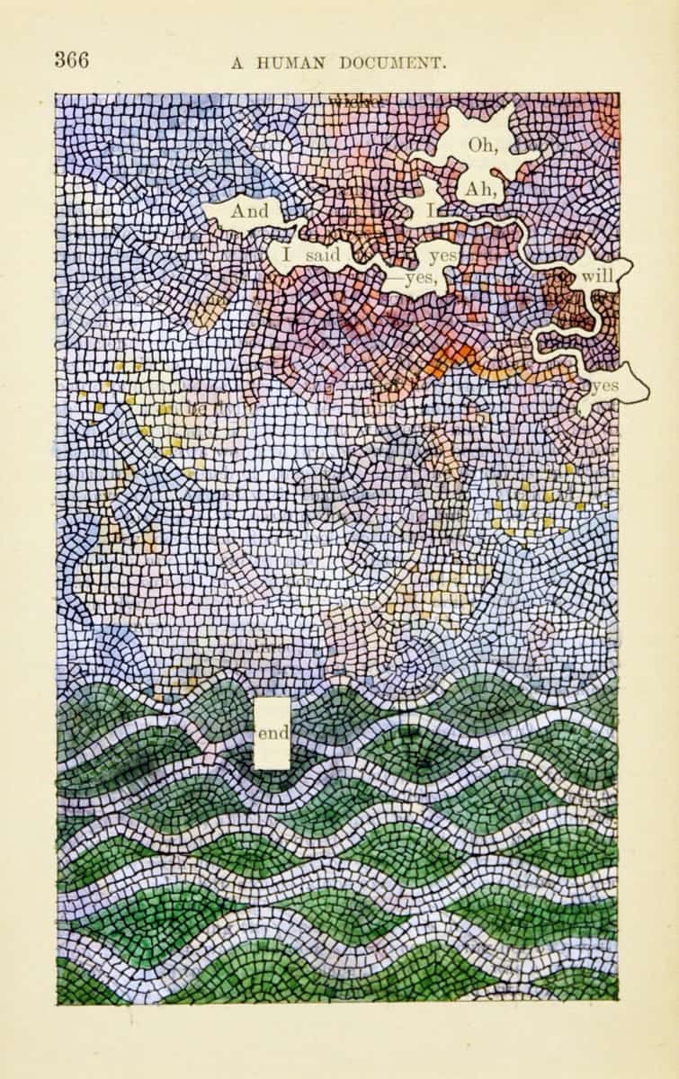 A page from a book that has been meticulously painted over to appear as if there is a richly coloured and detailed mosaic of green waves of water under a purpley sky. Some words have not been painted over. They state: Oh, Ah - and I, I said yes, yes, will yes end