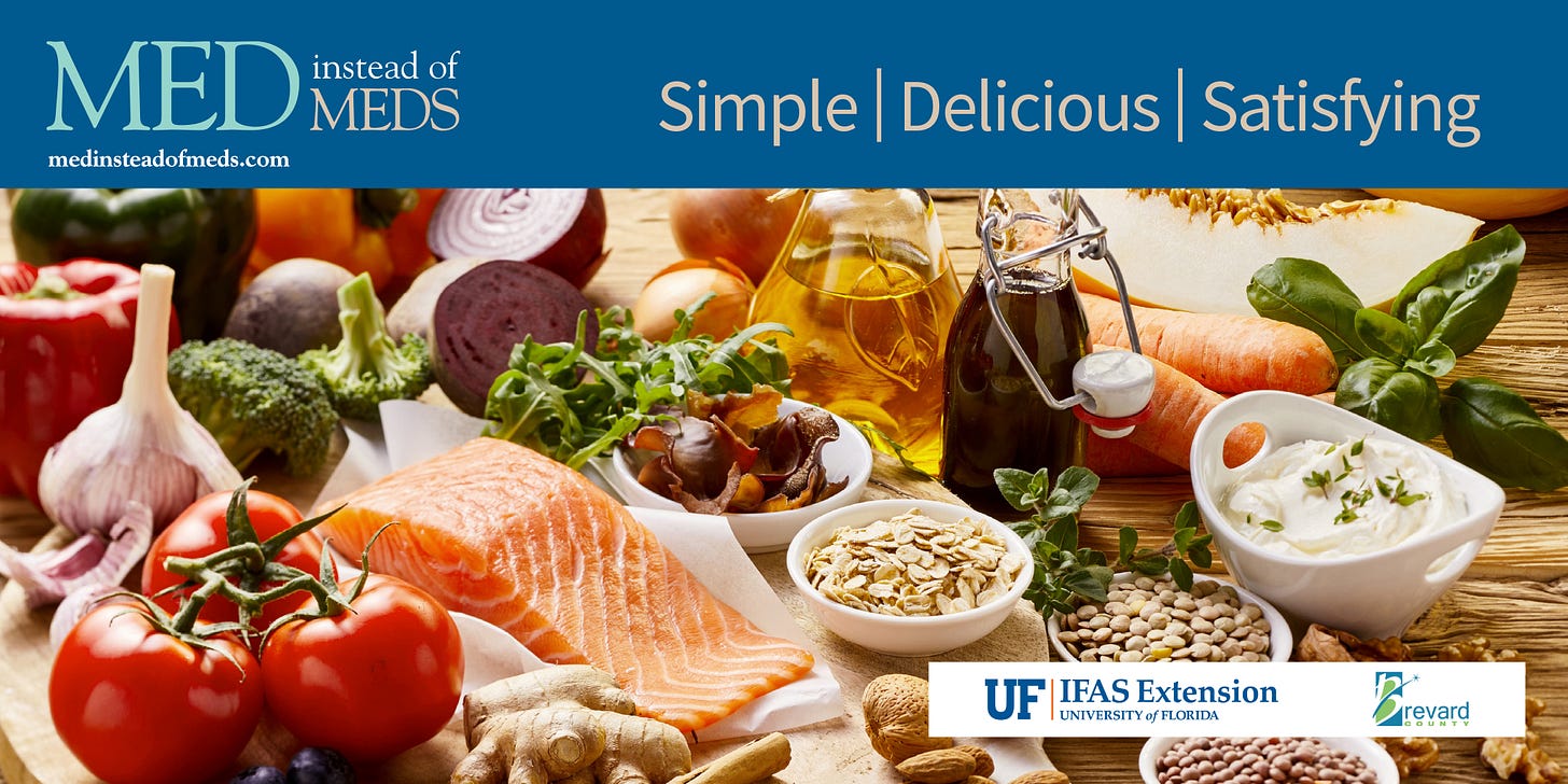 graphic that reads med instead of meds. simple, delicious, satisfying. there is a photo of mediterranean food