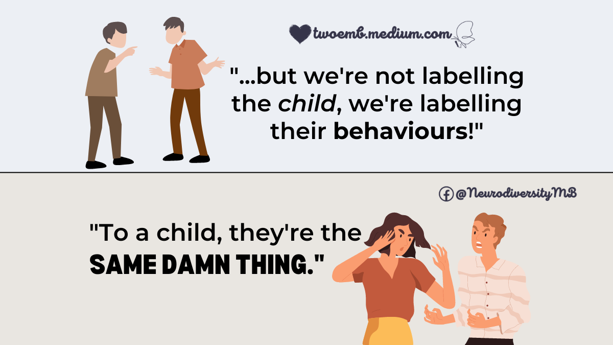 “…but we’re not labelling the child, we’re labelling their behaviours!” … ”To a child, they’re the same damn thing!”