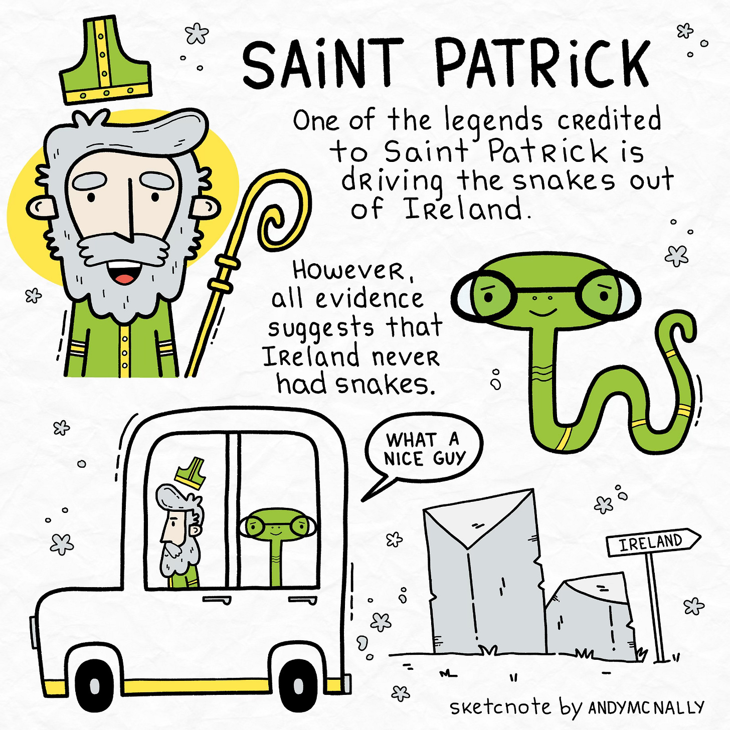 A sketchnote illustration about the myth of Saint Patrick's Day.
