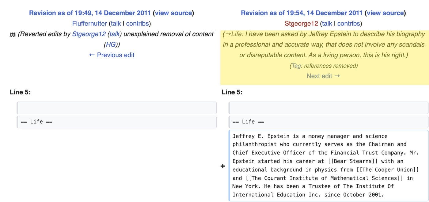 Wikipedia's record of Stgeorge12's edit, 14 December 2011, with its summary. The account's only edit to any other article, the next day, was to the bi