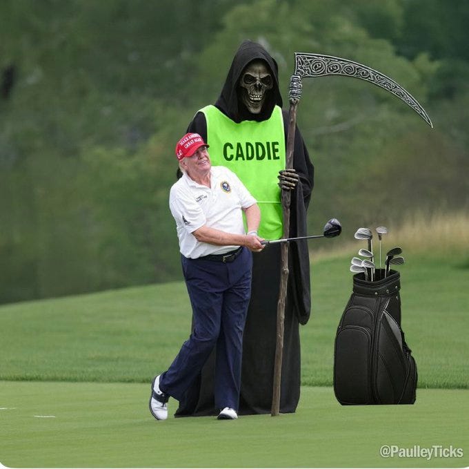 Donald Trump swings a golf club on a green golf course. He wears a white shirt, dark pants, and a red cap. Behind him, a figure in a black hooded robe with a skeletal face, labeled "Caddie" on a green vest, holds a scythe and stands next to a golf bag. A watermark reading "@PaulleyTicks" is visible. Donald Trump swings a golf club on a green golf course. He wears a white shirt, dark pants, and a red cap. Behind him, a figure in a black hooded robe with a skeletal face, labeled "Caddie" on a green vest, holds a scythe and stands next to a golf bag. A watermark reading "@PaulleyTicks" is visible.