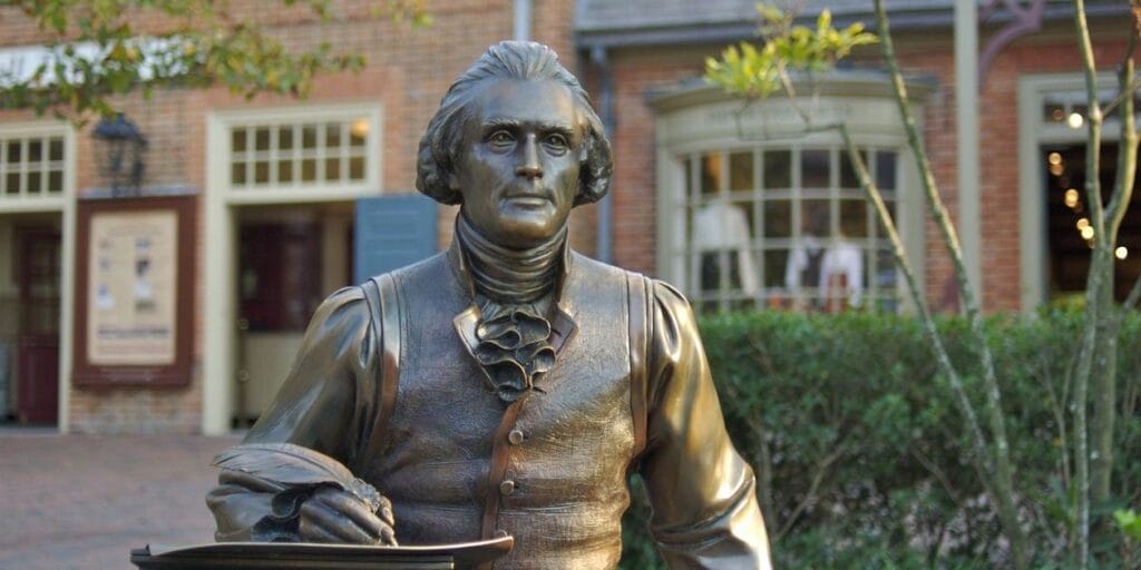 A statue of Thomas Jefferson in Colonial Williamsburg