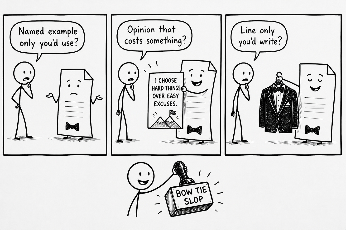 Three-panel hand-drawn comic strip illustrating the thought leaderslop diagnostic: a stick figure asks a document three questions — whether it contains a named personal example, an opinion that costs something, and a line only the writer would write. The document fails each check, responding with a motivational poster and a tuxedo. Final panel: the document gets stamped "Bow Tie Slop." Illustrates AI-assisted content that passes surface quality checks while lacking authentic authorship, voice, and original opinion.