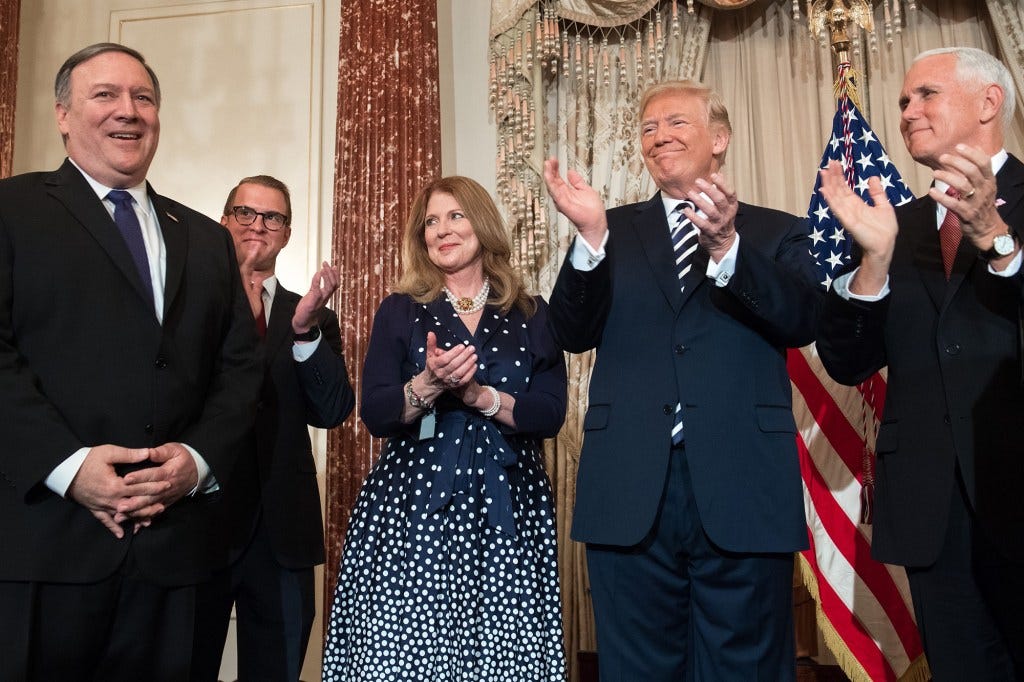 Mike Pompeo, pictured with wife, Susan, and son, Nick, served as Trump’s Secretary of State from 2018 to 2021 — when he mostly ate cheeseburgers at his desk.
