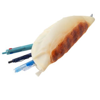 Pouch shaped and colored like a gyoza dumpling, with pens poking out of the open zippered compartment