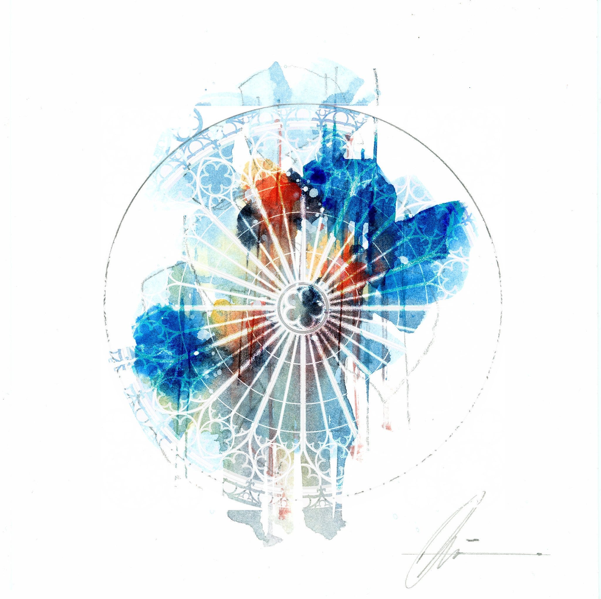 A Cathedral window in brilliant blue, reds, and white rays by MO Bilbeisi, Copyright © 2025, A Cathedral window in brilliant blue, reds, and white rays by MO Bilbeisi, Copyright © 2025,