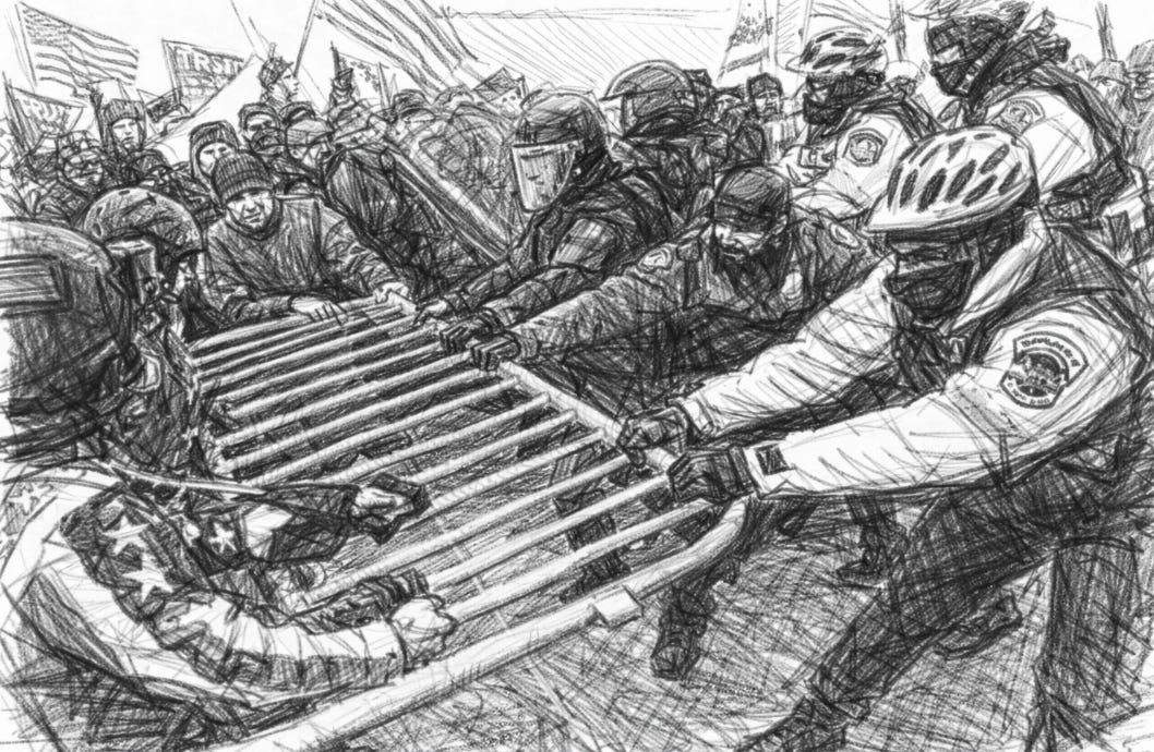 Pencil sketch of U.S. Capitol Police in helmets pushing against a crowd while using metal barricades during the January 6 attack outside the U.S. Capitol. Pencil sketch of U.S. Capitol Police in helmets pushing against a crowd while using metal barricades during the January 6 attack outside the U.S. Capitol.