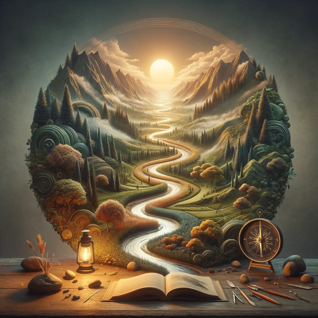 Craft an image that, while not overtly liminal, still evokes a deep sense of meaning and exploration. Visualize a more defined landscape that represents the journey of life, including a path winding through diverse terrains such as forests, mountains, and rivers, symbolizing the various challenges and experiences one encounters. Along this path, place symbols of personal and cultural significance—like a compass, an open book, and a lantern—each representing guidance, knowledge, and enlightenment on this journey. The scene should be bathed in the warm glow of dawn or dusk, highlighting the beauty and transient nature of life's moments. This landscape, though more concrete, should invite viewers to reflect on their own path, the lessons learned, and the journey ahead, inspiring a sense of wonder and introspection about the vast, unfolding map of life.