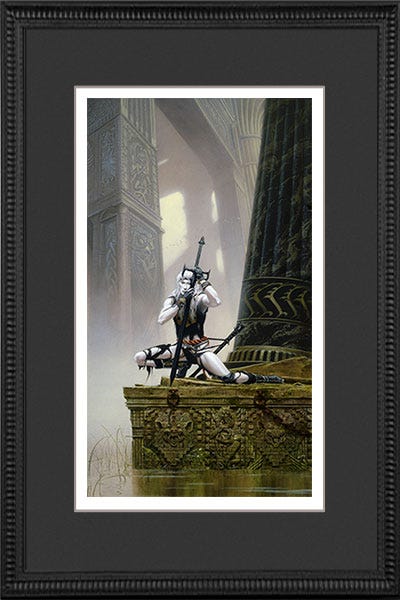 Open edition print of ELRIC AND THE SINKING CITY sign by Michael Whelan, custom framed with acid free mat under archival plexiglass. Open edition print of ELRIC AND THE SINKING CITY sign by Michael Whelan, custom framed with acid free mat under archival plexiglass.