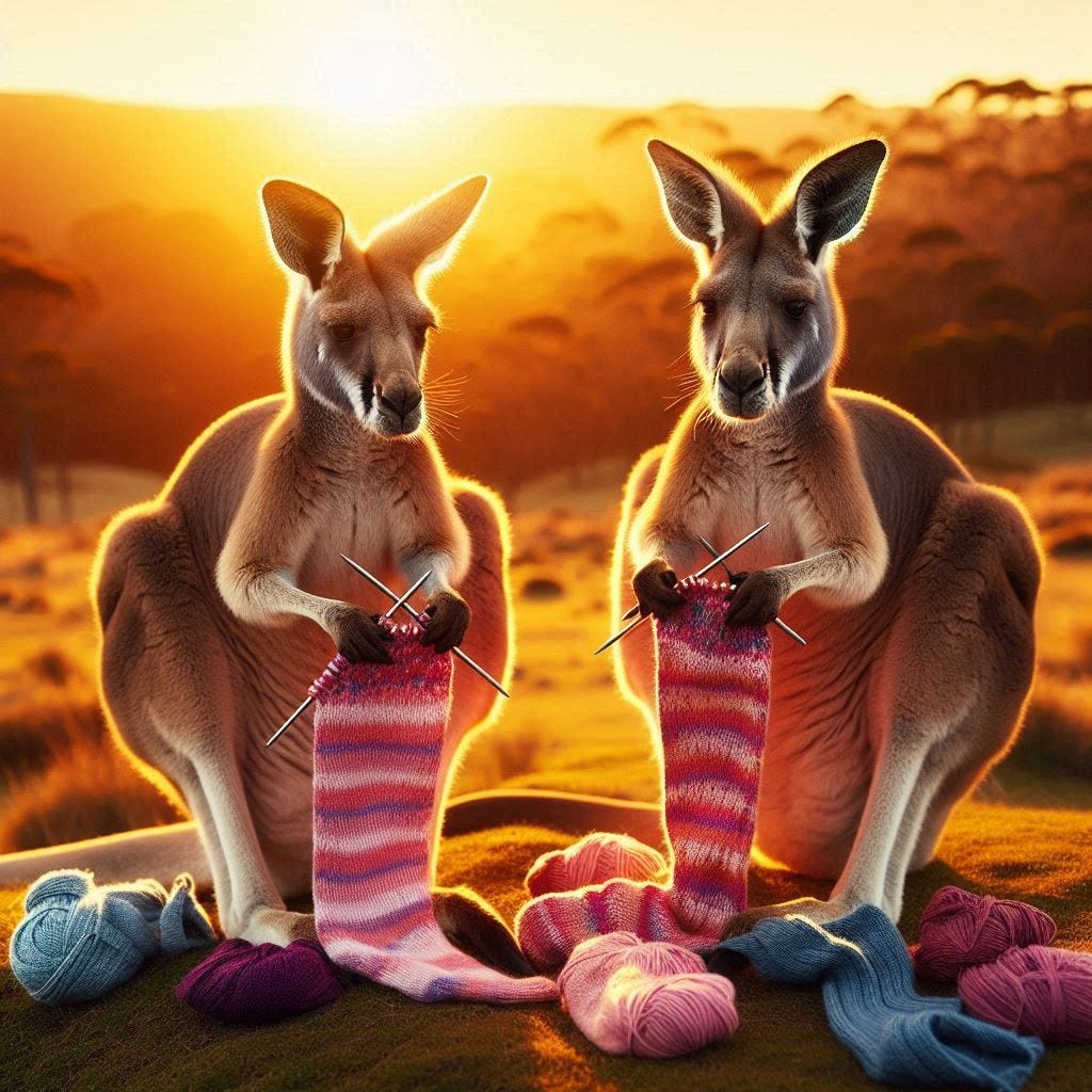 kangaroos knitting kneesocks photorealistic