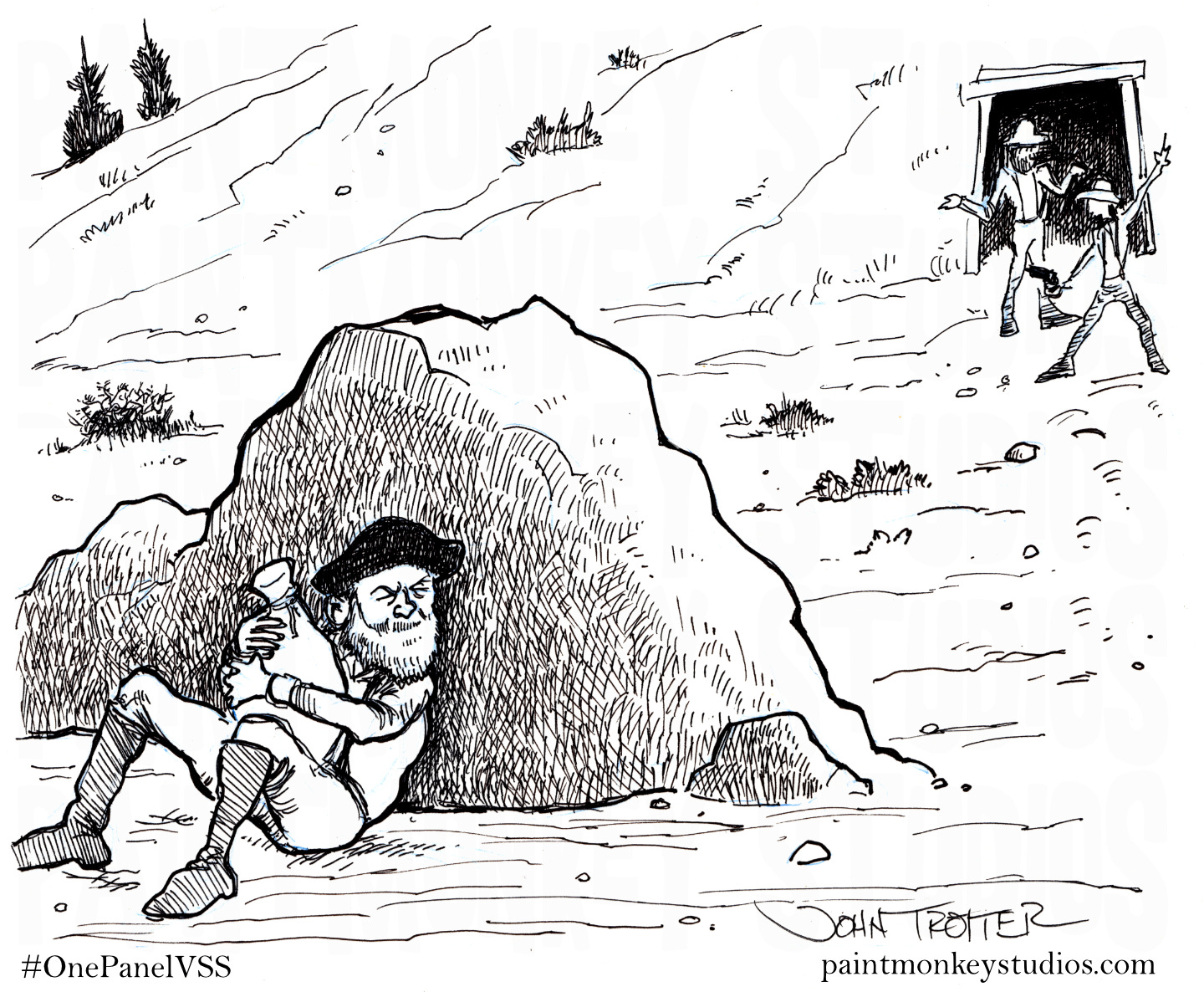 Ink drawing of a man hiding behind a large rock holding a large bag while 2 men with gun and cowboy hats come out of a mine entrance looking around.