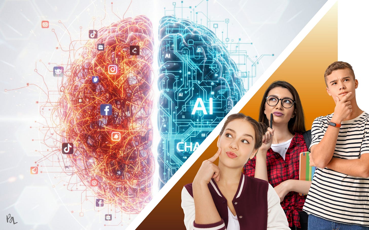 social media brain and ai with 3 students thinking about it