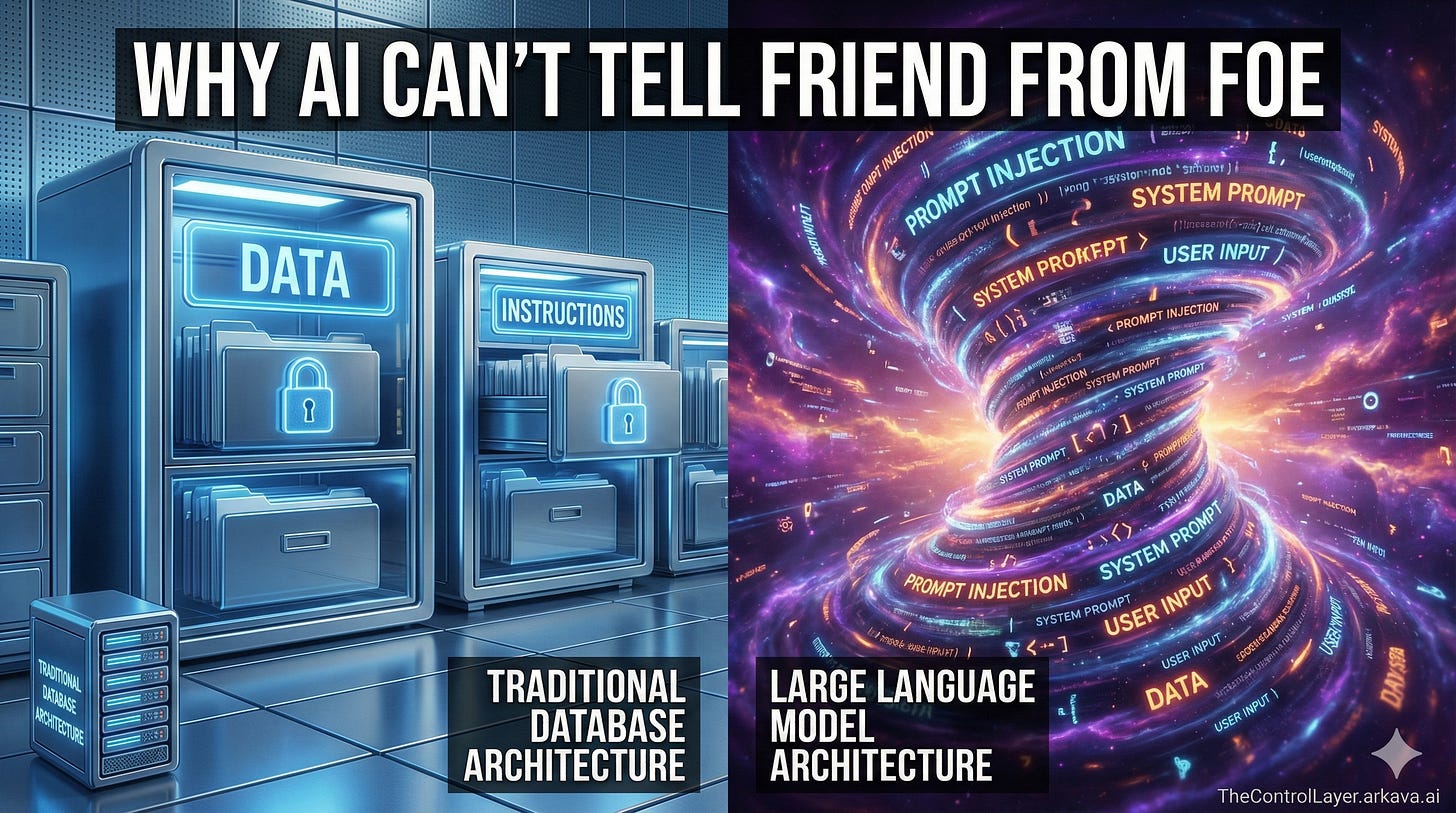 Split comparison showing separated database architecture versus intermixed LLM text processing. Split comparison showing separated database architecture versus intermixed LLM text processing.