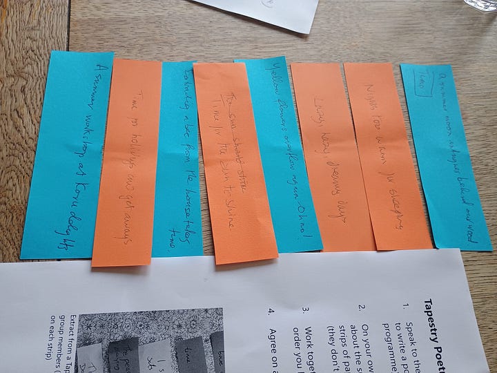Image one shows a table surrounded by chairs. Image two shows lines of poetry written on orange and blue slips of paper.