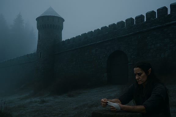 A dark fantasy image of the outer walls of Krezk, a fortified village in Barovia. The scene shows tall, weathered stone walls rising from snow-covered ground, with frost clinging to the mortar and moss creeping along the base. The walls are topped with wooden palisades and watchtowers, each with a flickering lantern casting golden light into the mist. A heavy wooden gate stands slightly ajar, reinforced with iron bands and carved with protective symbols. Beyond the gate, the silhouettes of steep-roofed cottages and the distant Abbey of Saint Markovia are visible through the fog. Ravens perch on the battlements, and the sky above is bruised with twilight hues. The atmosphere is cold, quiet, and watchful.
