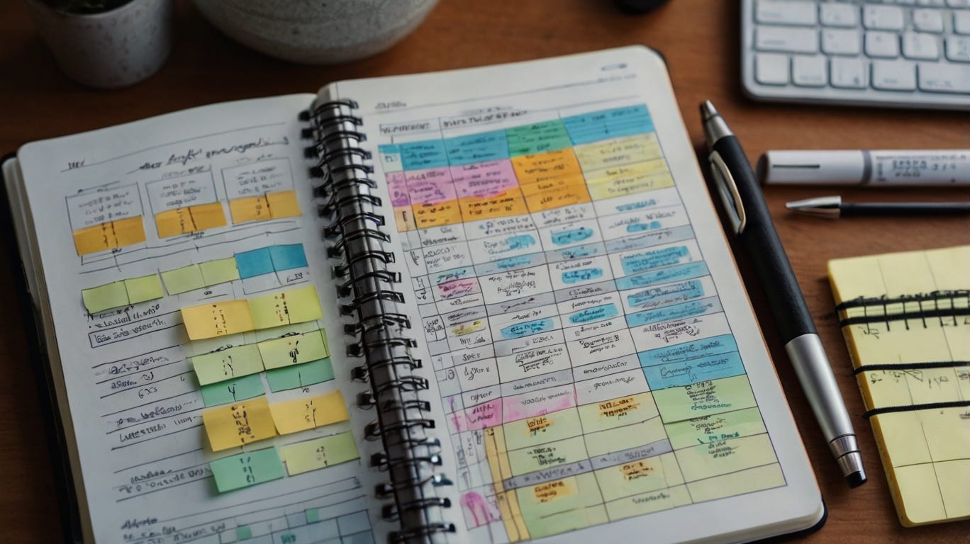 Notebook with structured plans, goal-setting charts, and habit trackers, representing behavioral therapy strategies for ADHD focus and impulse control