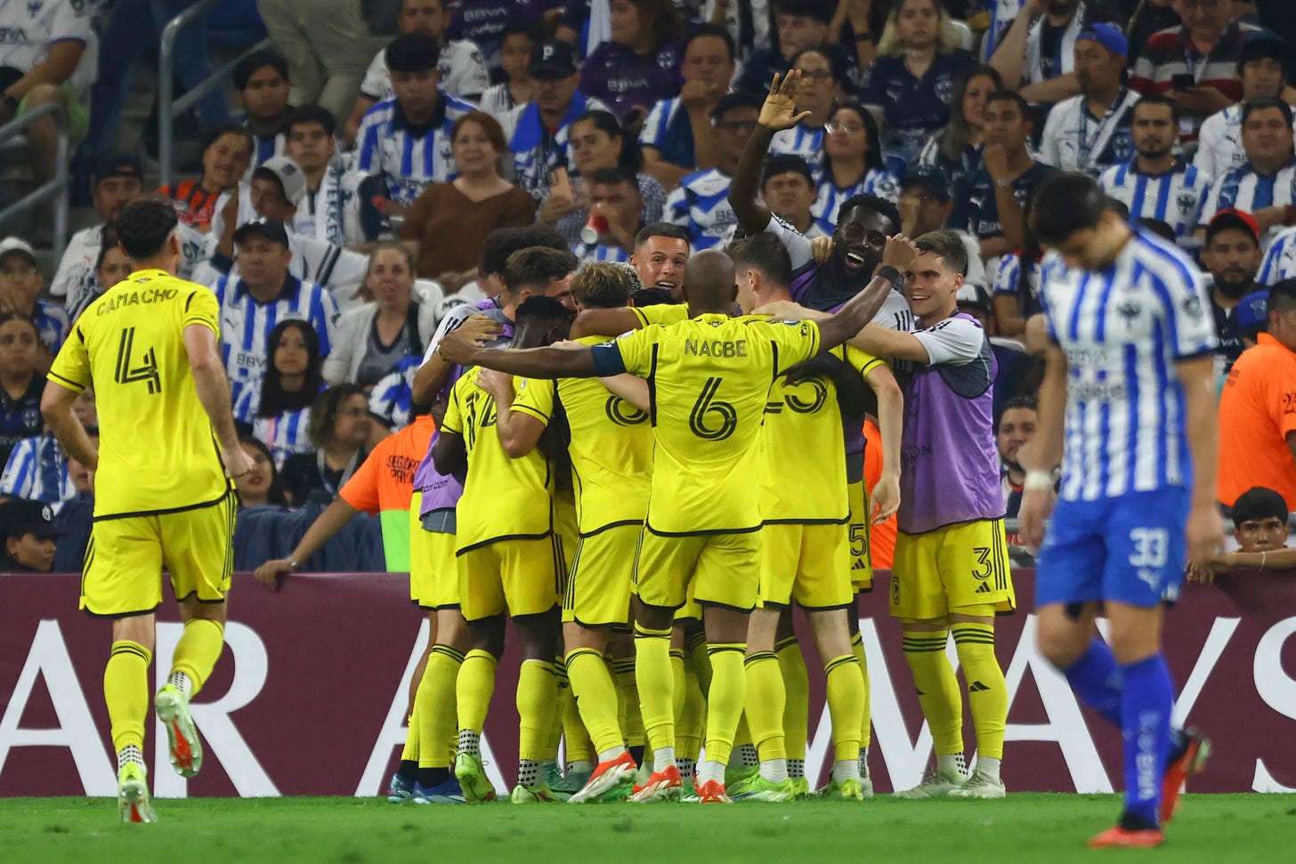 United States' Columbus Crew players congratulate teammate Diego Rossi after scoring a goal against Monterrey, during a CONCACAF Champions Cup semifinal second leg soccer match at the BBVA stadium in Monterrey, Mexico, Wednesday, May 1, 2024. (AP Photo/Alberto Lopez) United States' Columbus Crew players congratulate teammate Diego Rossi after scoring a goal against Monterrey, during a CONCACAF Champions Cup semifinal second leg soccer match at the BBVA stadium in Monterrey, Mexico, Wednesday, May 1, 2024. (AP Photo/Alberto Lopez)