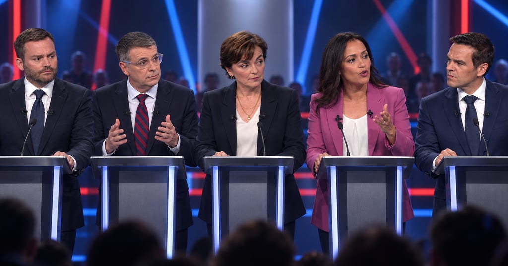 Image actuelle : Débat des chefs TVA 2026 avec Christine Fréchette, Éric Duhaime, Paul St-Pierre Plamondon, Charles Milliard et Ruba Ghazal